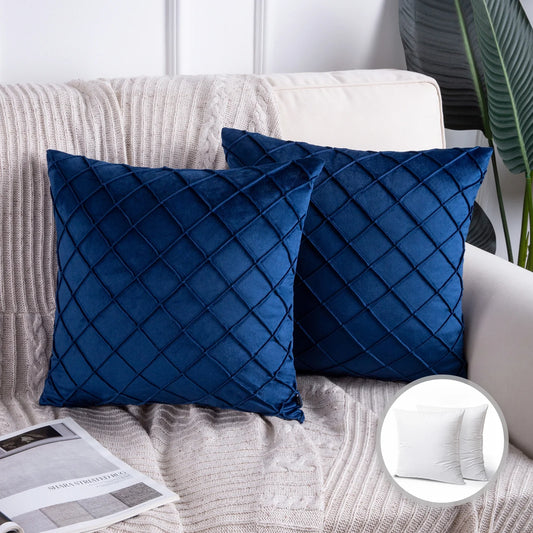 Soft Pleated Velvet Series Square Decorative Throw Pillow Cushion for Couch, 18" X 18", Lake Blue, 2 Pack