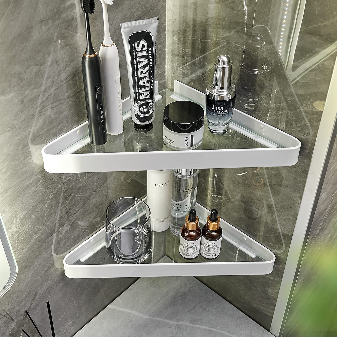 Corner Shower Shelves Glass Bathroom Corner Organizer Shelf Adhesive and Drill Mounted Shower Caddies Shampoo Holder Rust Free Glass Bathroom Shelves with Aluminum Brackets 2 Tier White