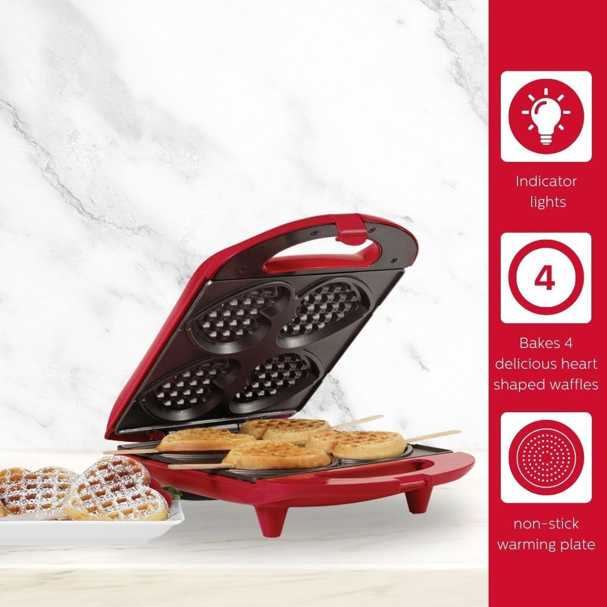 - Non-Stick Heart Waffle Maker, Red - Makes 4 Heart-Shaped Waffles in Minutes