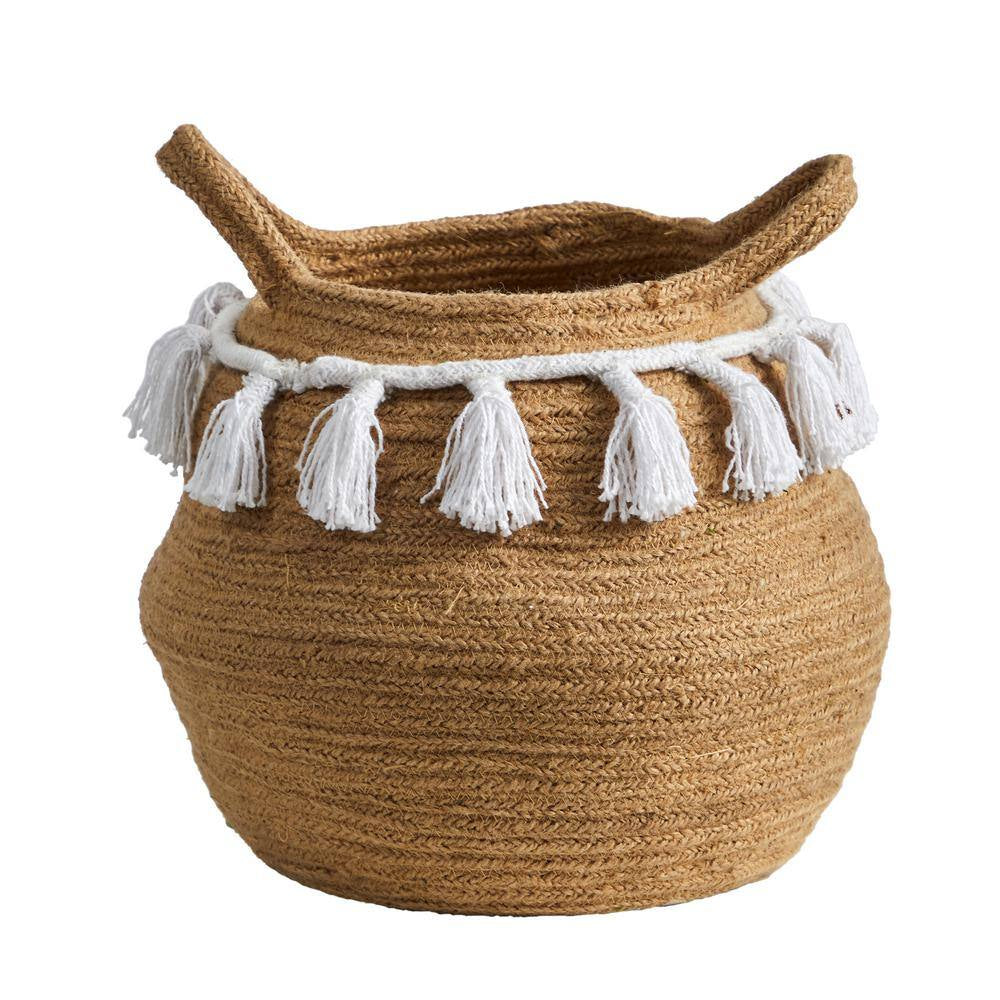 11 In. Natural Boho Chic Handmade Cotton Woven Basket Planter with Tassels